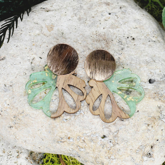 Wood Dangle Earrings with Green Resin #99