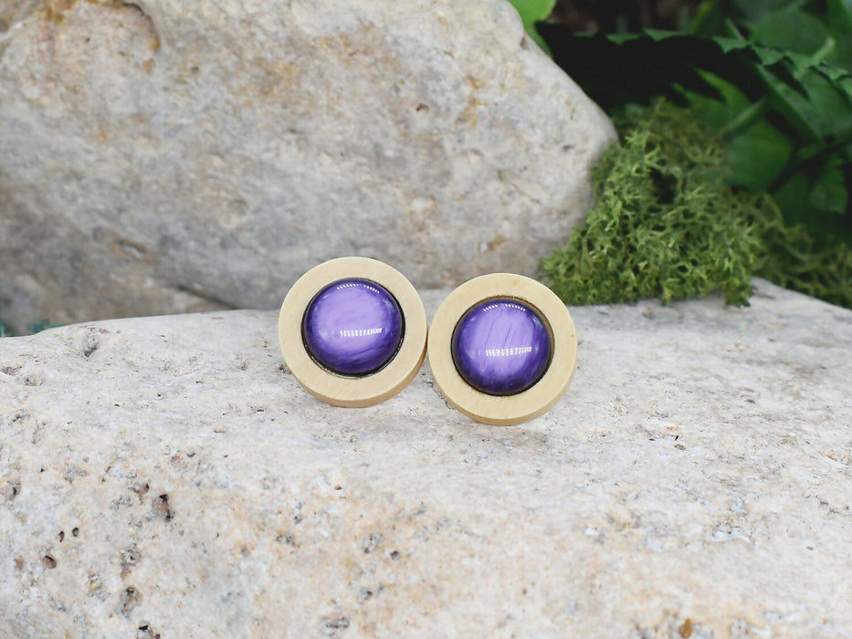 Wood Stud Earrings With Resin Cabochon #48