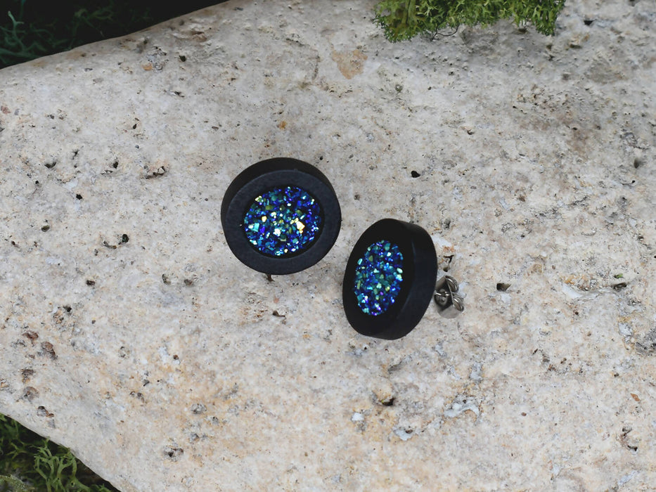 Wood Stud Earrings With Resin Cabochon #62
