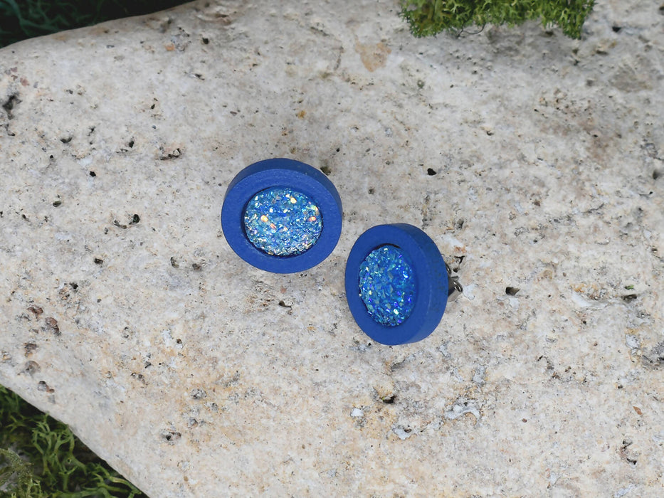 Wood Stud Earrings With Resin Druzy #52
