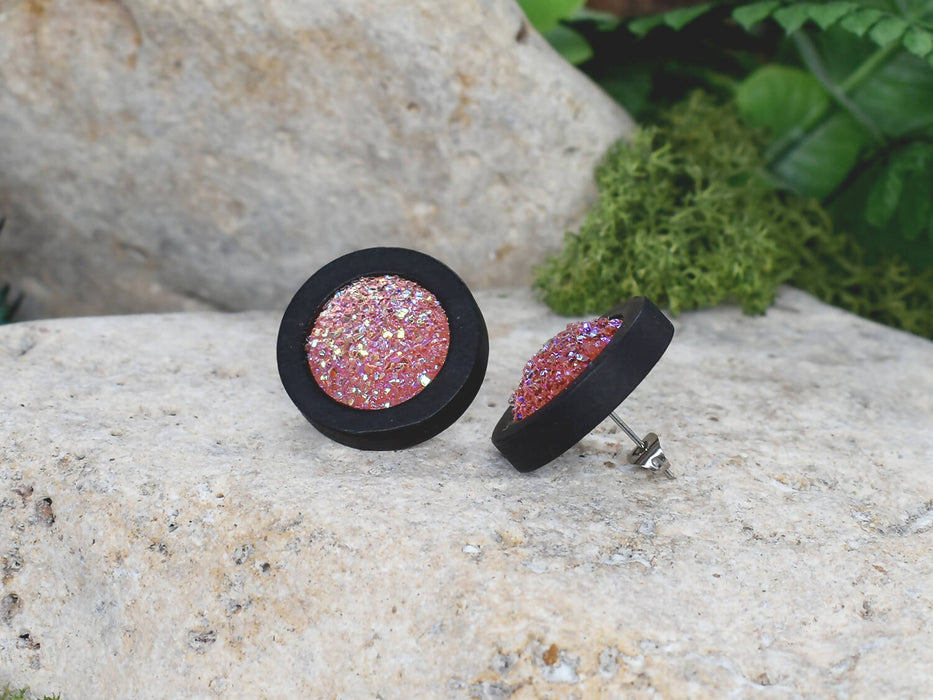 Wood Earrings With Resin Druzy #21