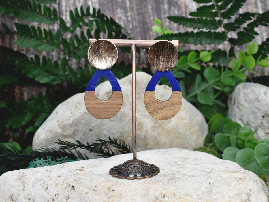 Wood Dangle Earrings with Blue Resin #95