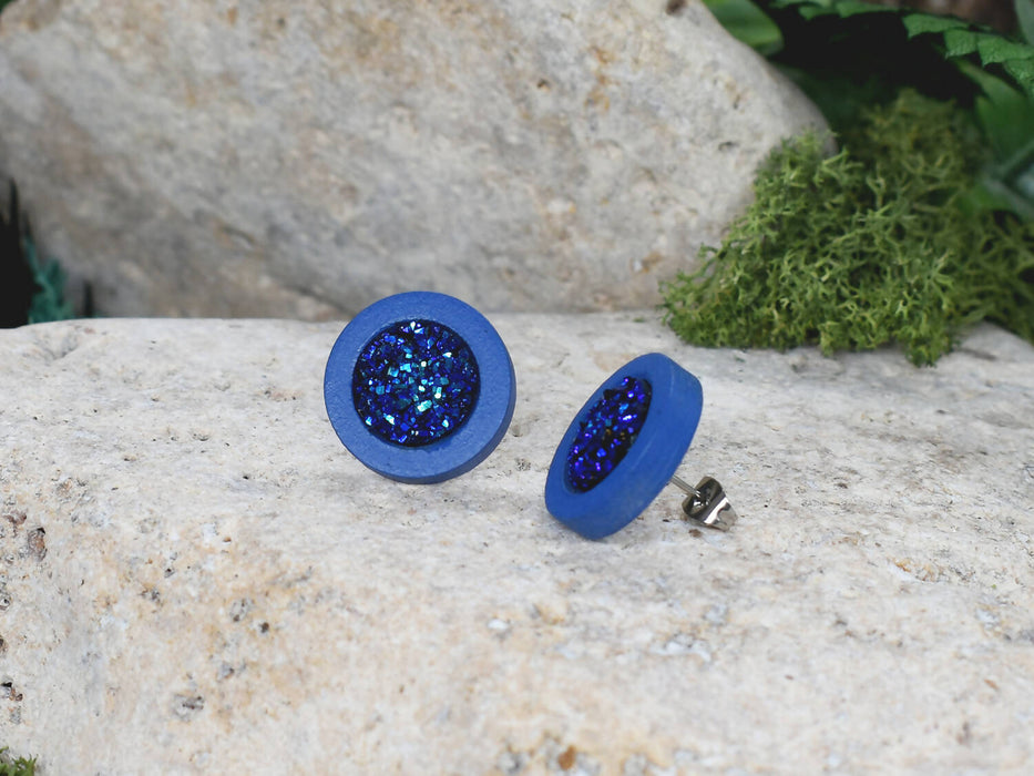 Wood Stud Earrings With Resin Cabochon #55