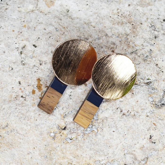 Wood Dangle Earrings with Blue Resin #97