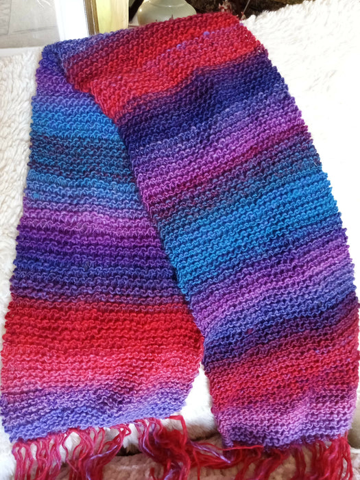 Handknit Wool Scarf in Reds and Blues