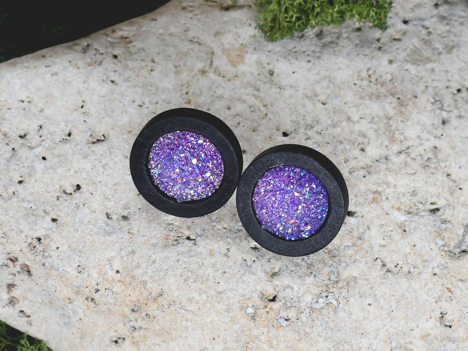 Wood Stud Earrings With Resin Druzy #22