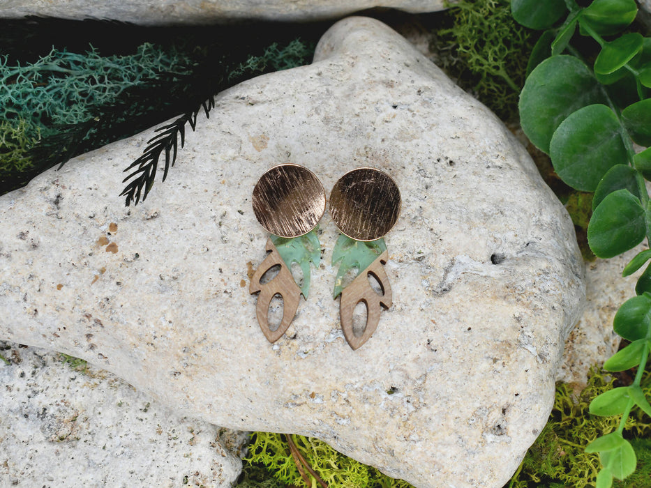 Wood Dangle Earrings with Green Resin #104