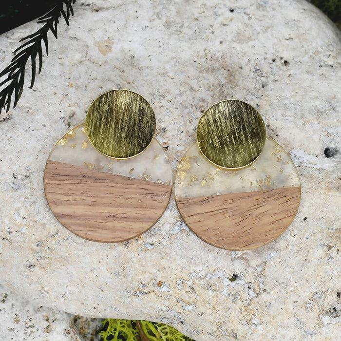 Wood Dangle Earrings with Transpareny-Gold Resin #114