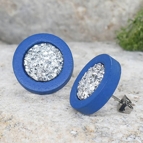Wood Stud Earrings With Resin Druzy #49
