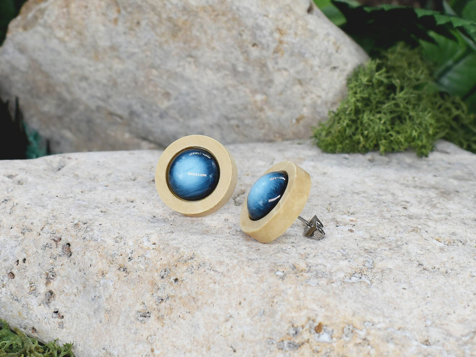 Wood Stud Earrings With Resin Cabochon #46