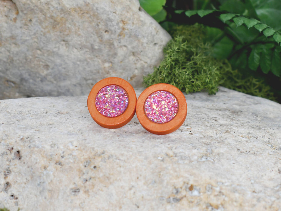 Wood Earrings With Resin Druzy