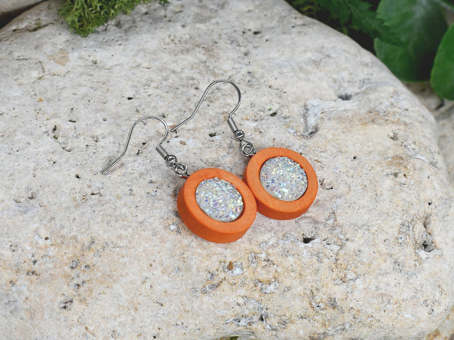 Wood Dangle Earrings With Resin Druzy #27