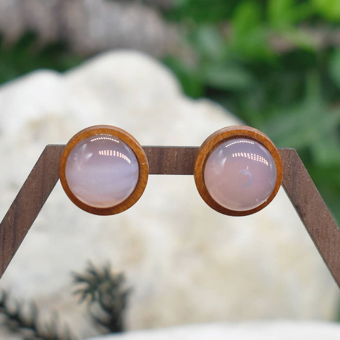 Wood Stud Earrings with White Agate #117