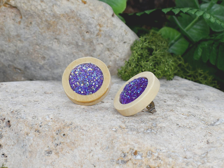 Wood Earrings With Resin Druzy #11