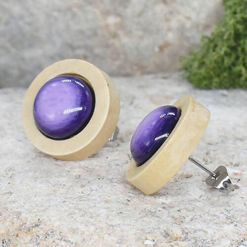 Wood Stud Earrings With Resin Cabochon #48